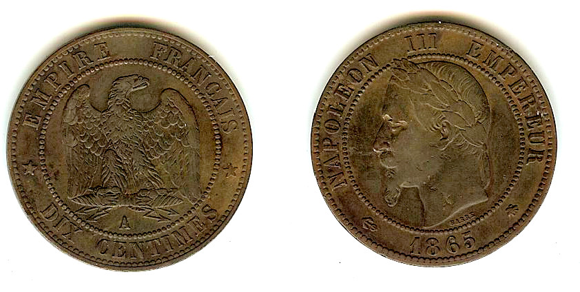 Dix centimes Napoléon III, tête laurée 1865 Paris TTB à TTB+